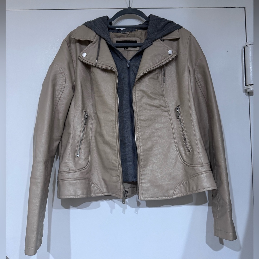 Black Rivet Taupe faux Leather Moto Jacket with Removable Dark Gray Hoodie - Picture 1 of 4